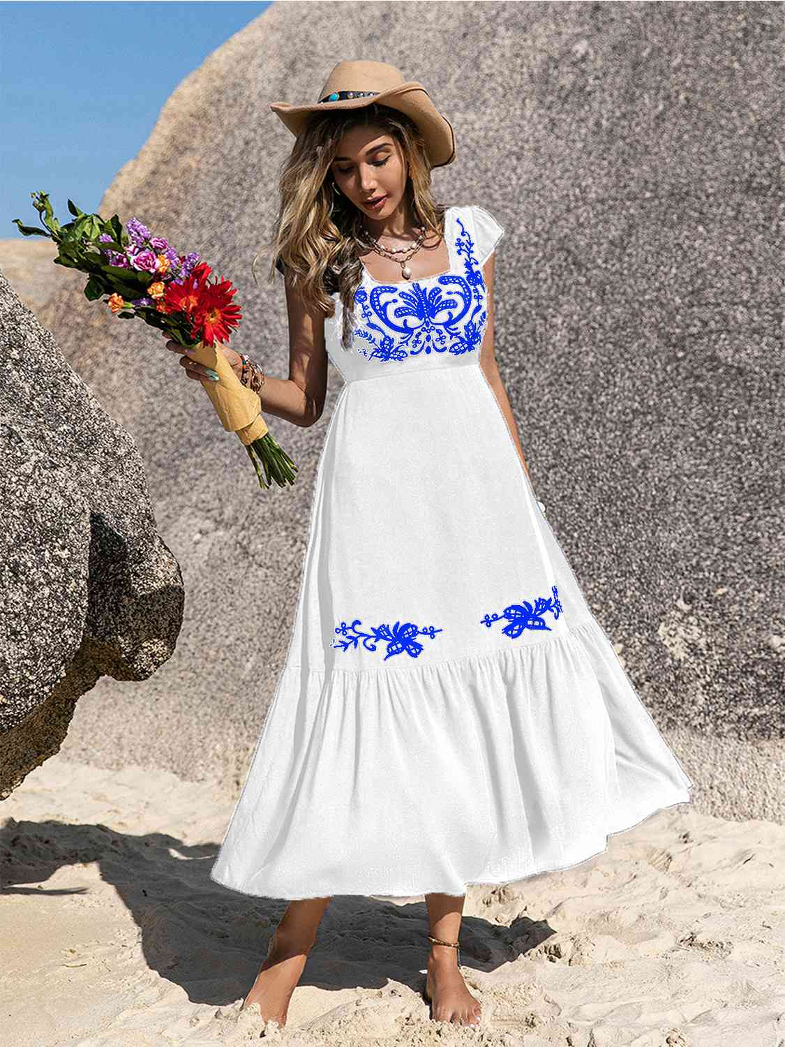 Embroidered Square Neck Ruffle Hem Dress -BazaarBey - www.shopbazaarbey.com
