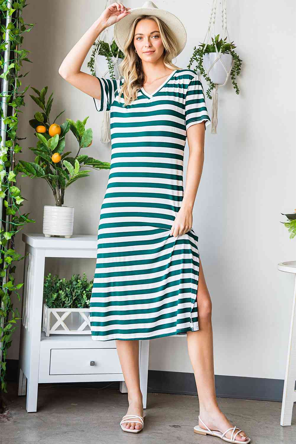 Striped V-Neck Short Sleeve Side Slit Dress -BazaarBey - www.shopbazaarbey.com
