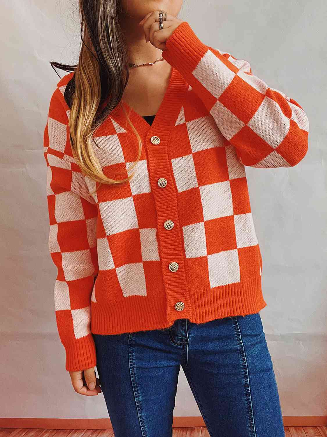 Checkered Open Front Button Up Cardigan Bazaarbey