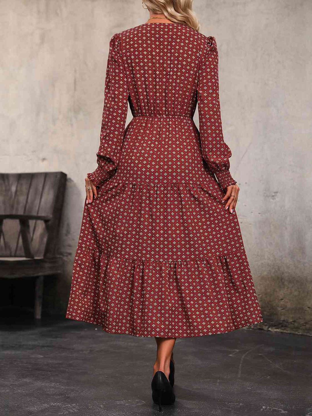 Printed Tiered V-Neck Buttoned Midi Dress -BazaarBey - www.shopbazaarbey.com