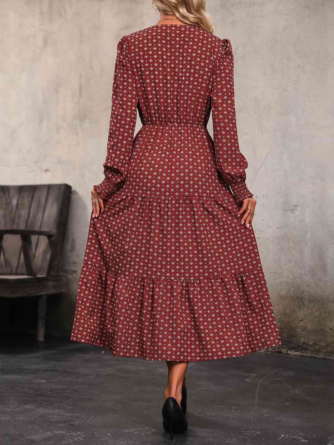 Printed Tiered V-Neck Buttoned Midi Dress -BazaarBey - www.shopbazaarbey.com