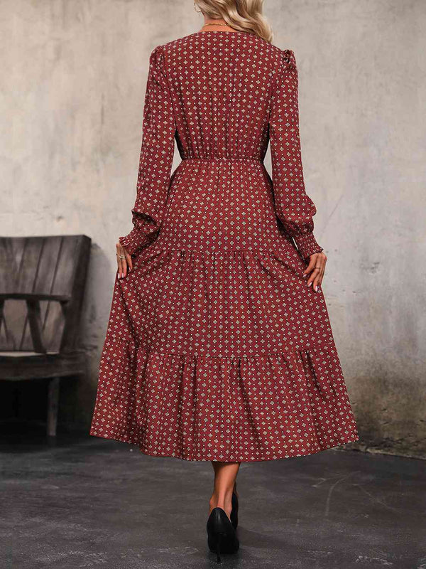 Printed Tiered V-Neck Buttoned Midi Dress -BazaarBey - www.shopbazaarbey.com