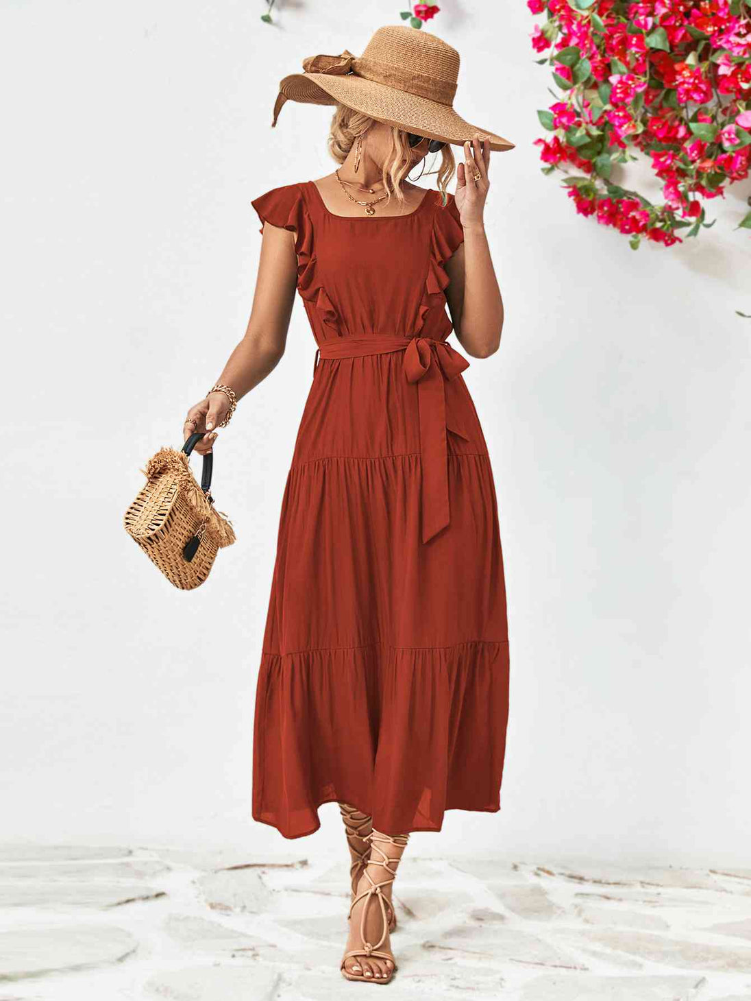 Tie Belt Ruffled Tiered Dress -BazaarBey - www.shopbazaarbey.com