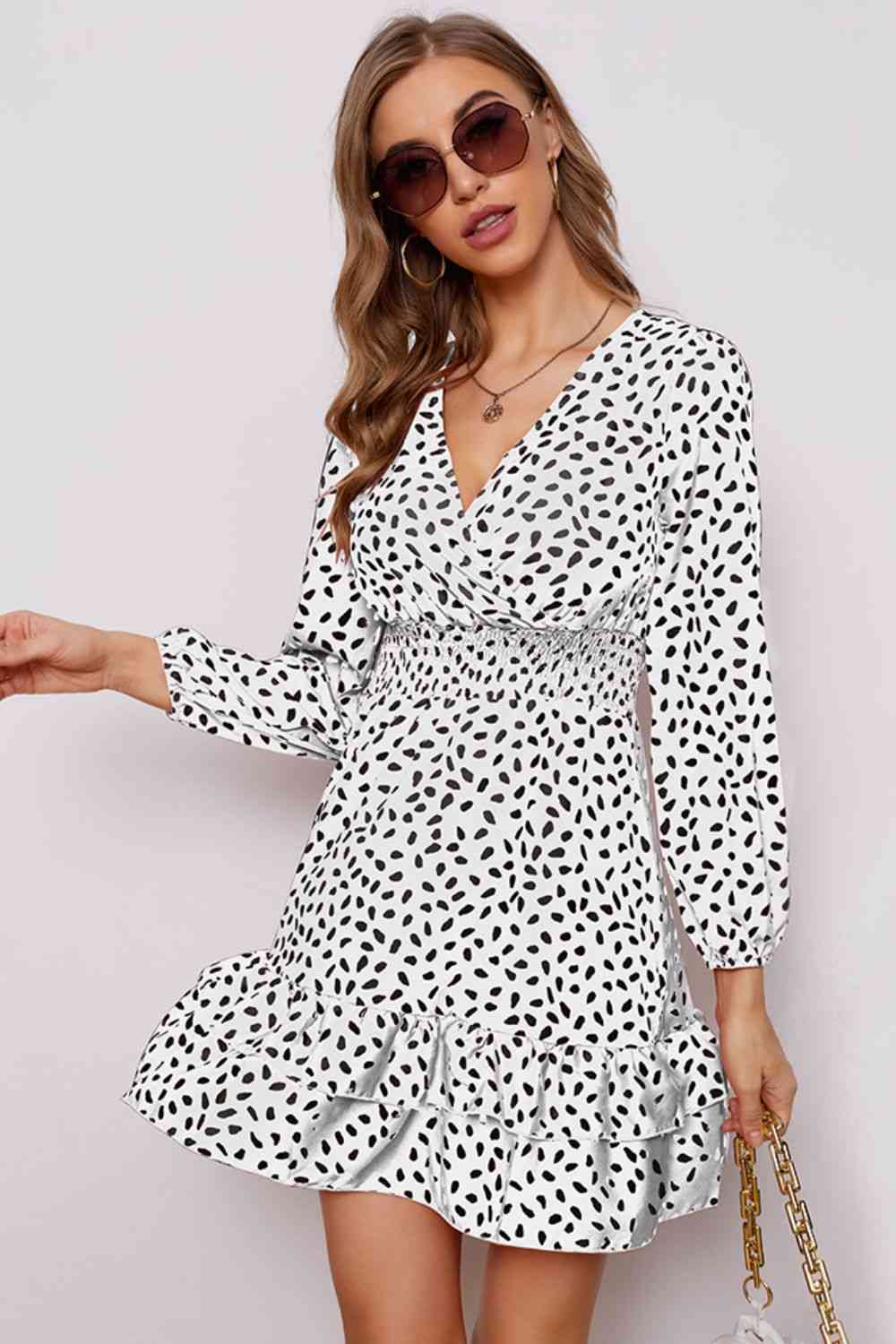 Printed  Neck Puff Sleeve Ruffle Hem Dress -BazaarBey - www.shopbazaarbey.com