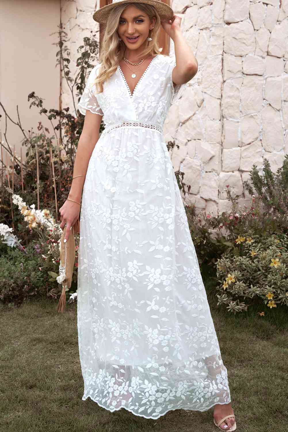 Embroidered Short Sleeve Surplice Neck Maxi Dress Bazaarbey