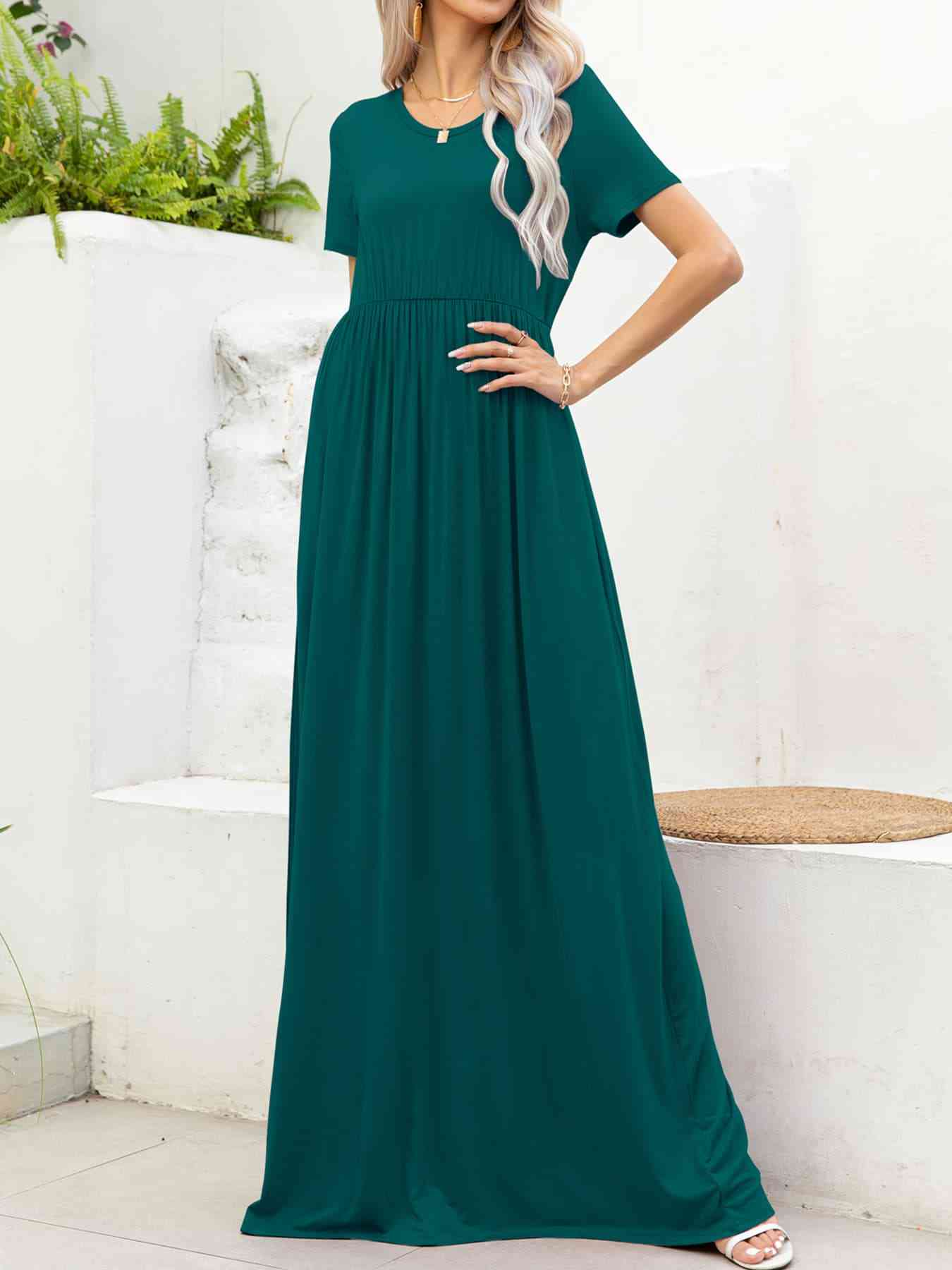 Round Neck Short Sleeve Maxi Dress with Pockets -BazaarBey - www.shopbazaarbey.com