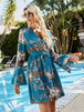 Printed Tie Belt Slit Flare Sleeve Dress -BazaarBey - www.shopbazaarbey.com