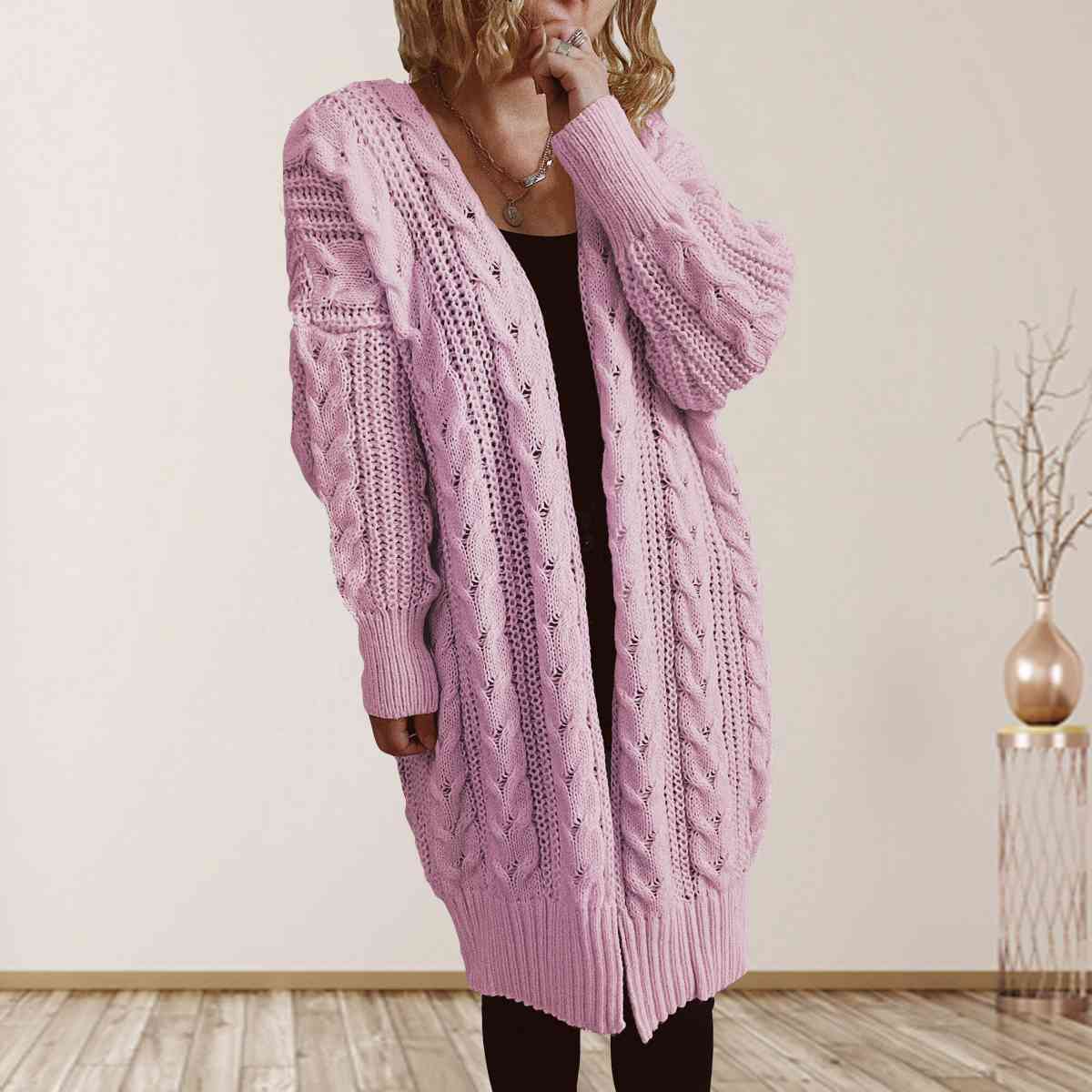 Cable-Knit Open Front Dropped Shoulder Cardigan Trendsi