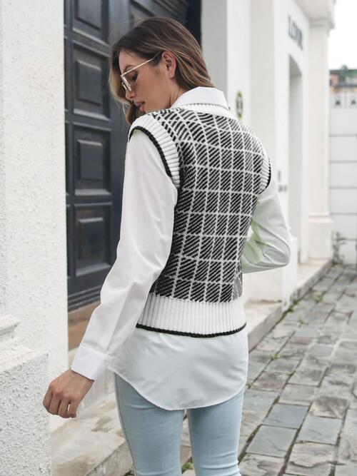 Plaid V-Neck Sweater Vest Trendsi