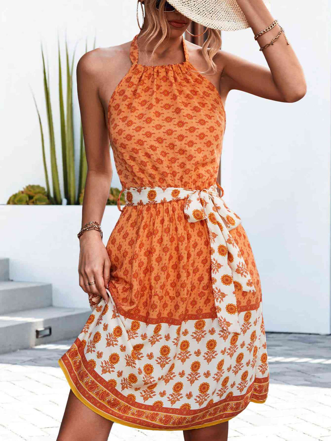 Floral Halter Neck Tie Waist Dress -BazaarBey - www.shopbazaarbey.com