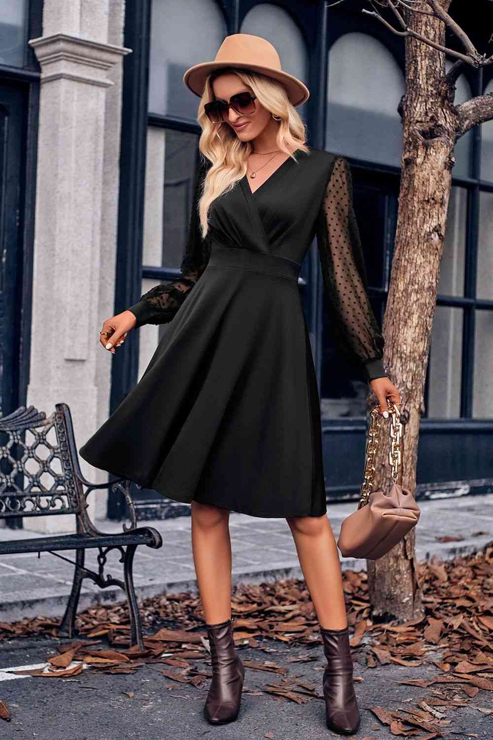 Surplice Neck Swiss Dot Long Sleeve Dress Bazaarbey