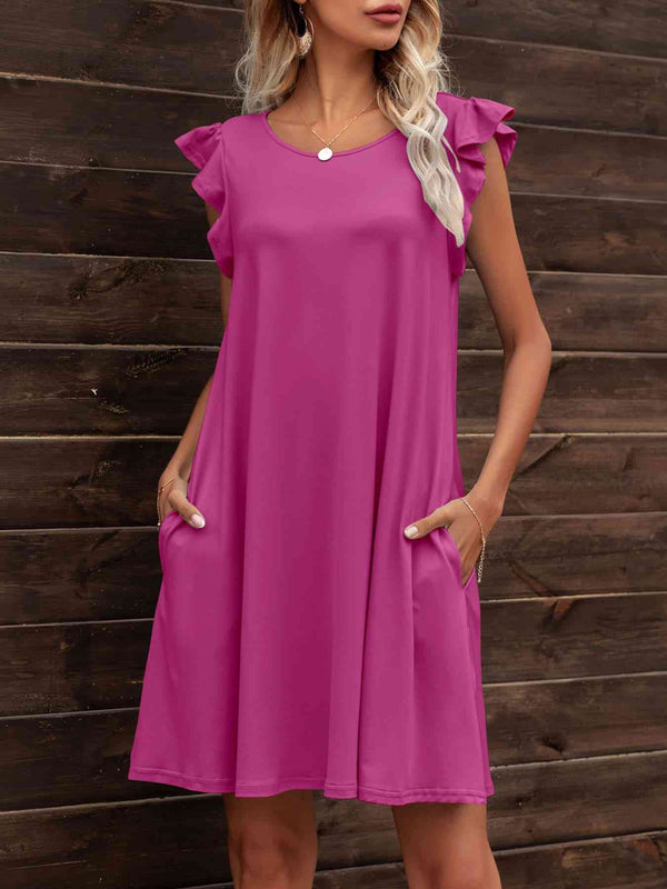 Round Neck Flutter Sleeve Dress with Pockets -BazaarBey - www.shopbazaarbey.com
