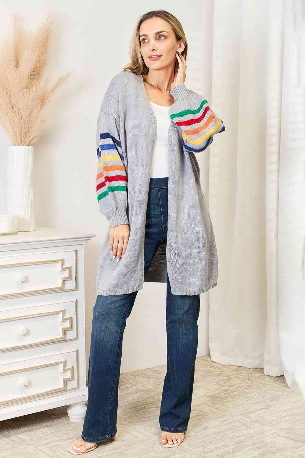 Multicolored Stripe Open Front Longline Cardigan Bazaarbey