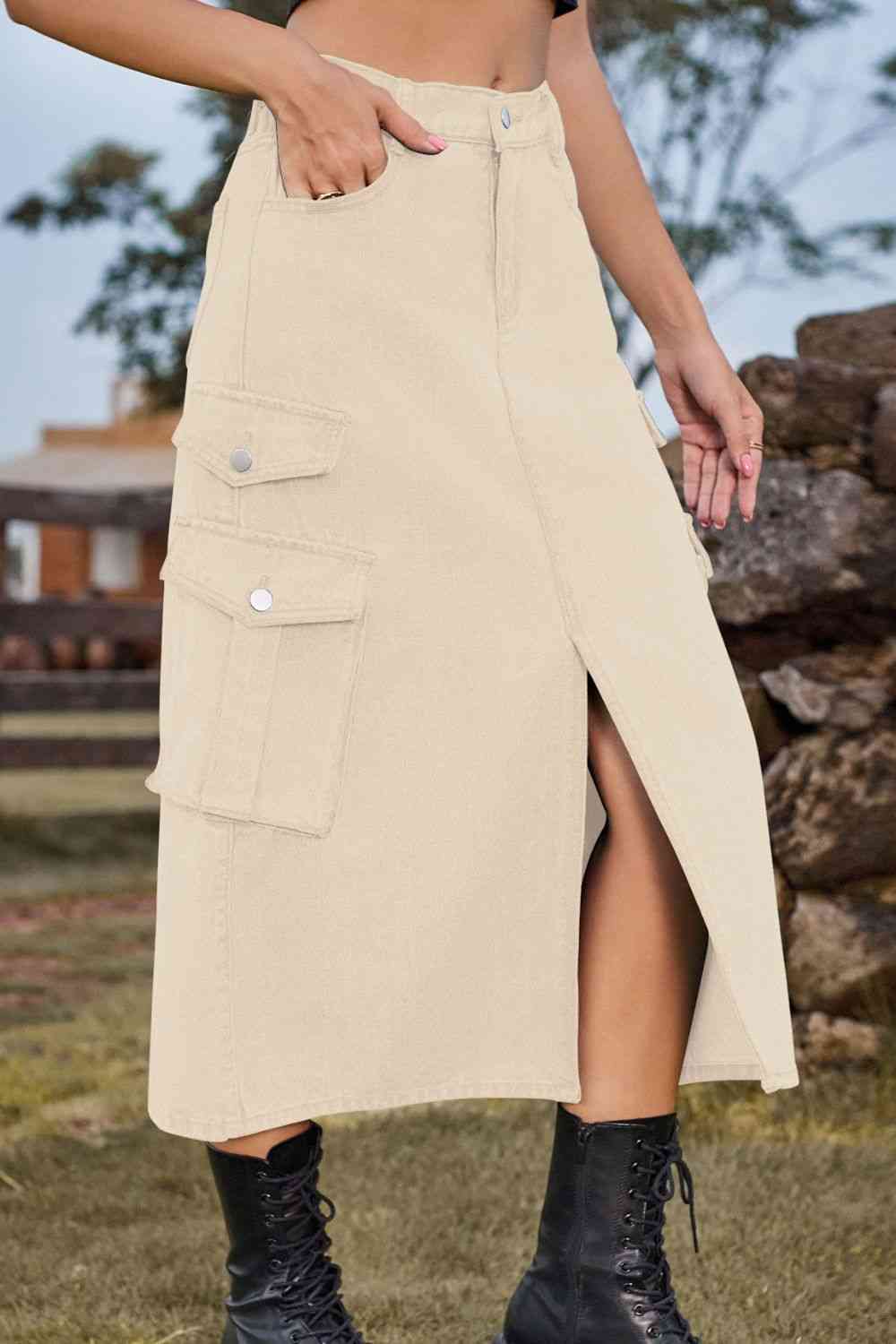 Slit Front Midi Denim Skirt with Pockets Trendsi