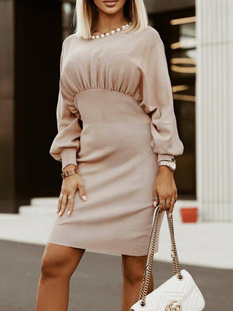 Round Neck Lantern Sleeve Dress -BazaarBey - www.shopbazaarbey.com