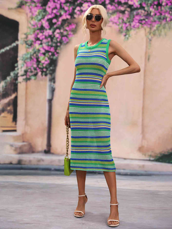 BazaarBey Striped Round Neck Sleeveless Midi Cover Up Dress Bazaarbey