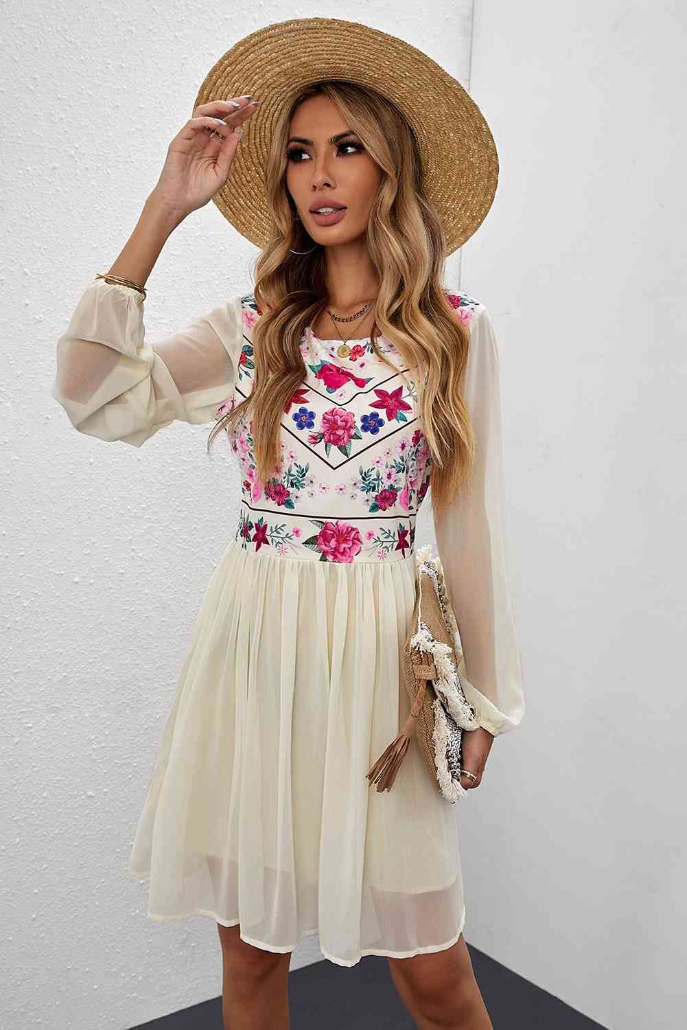 Floral Mesh Sleeve Lined Dress -BazaarBey - www.shopbazaarbey.com