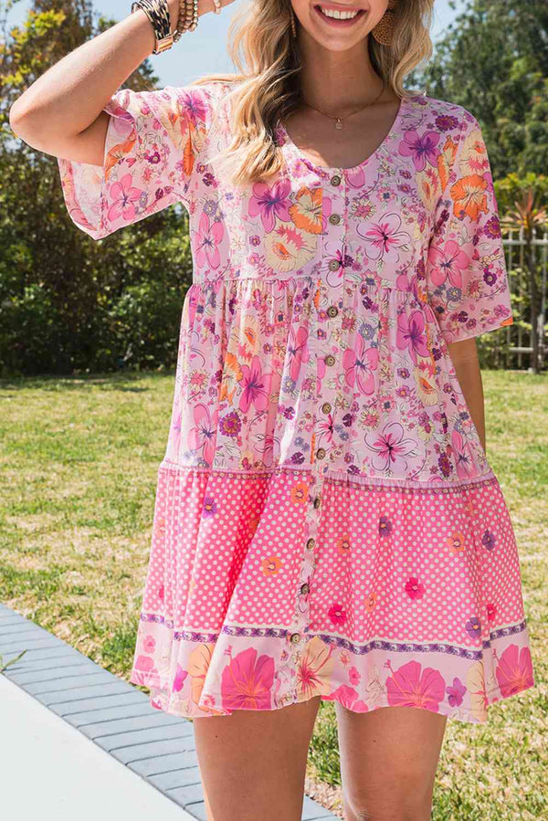 Floral  Buttoned Mini Dress -BazaarBey - www.shopbazaarbey.com