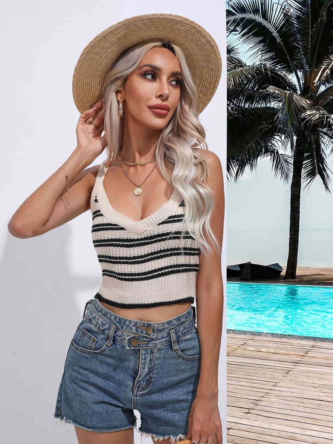 Striped Cropped Knit Tank Trendsi