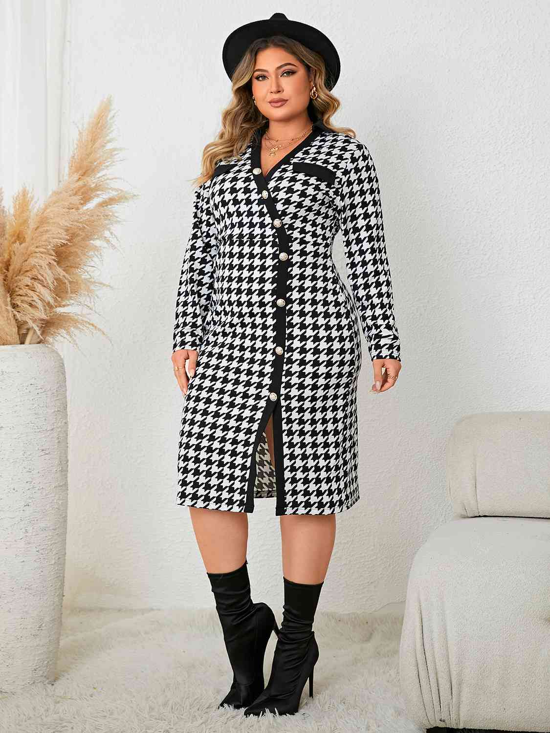 Plus Size  Long Sleeve Slit Dress -BazaarBey - www.shopbazaarbey.com