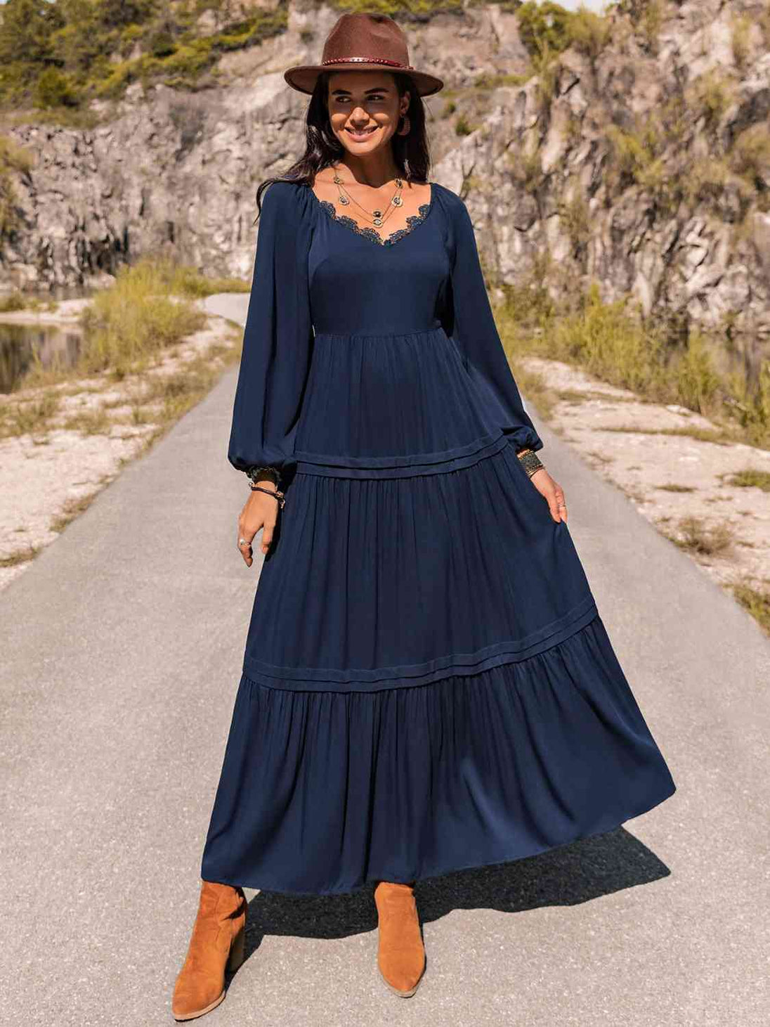 Long Sleeve Lace Trim Maxi Dress -BazaarBey - www.shopbazaarbey.com