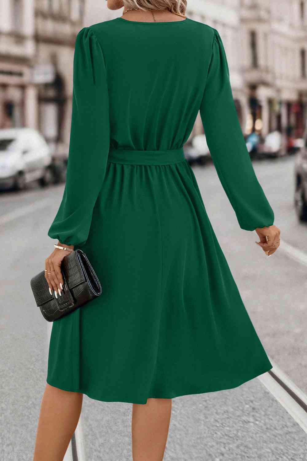 Tie Waist Notched Neck Long Sleeve Dress -BazaarBey - www.shopbazaarbey.com