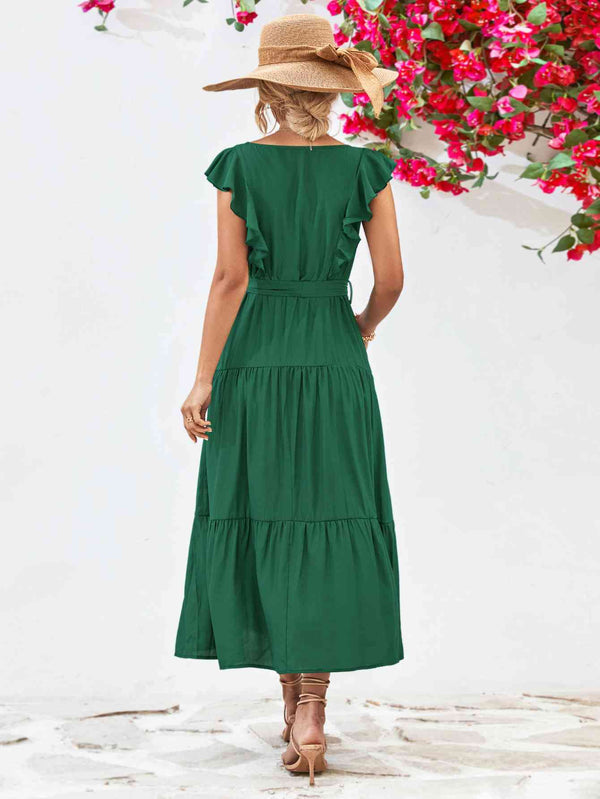 Tie Belt Ruffled Tiered Dress -BazaarBey - www.shopbazaarbey.com