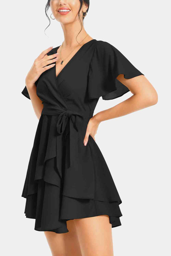  Neck Flutter Sleeve Dress -BazaarBey - www.shopbazaarbey.com