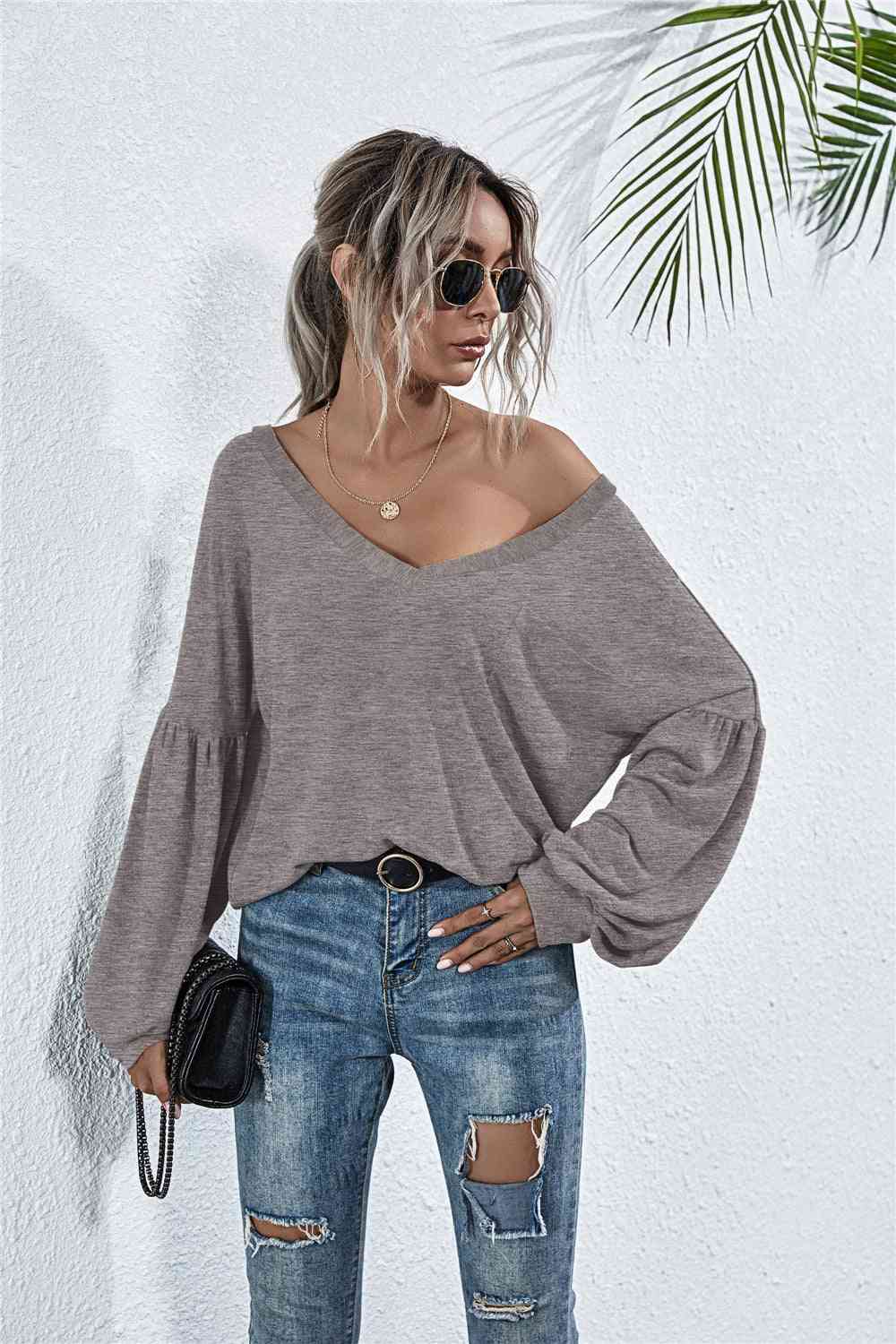 BazaarBey V-Neck Long Sleeve Dropped Shoulder Knit Top Bazaarbey