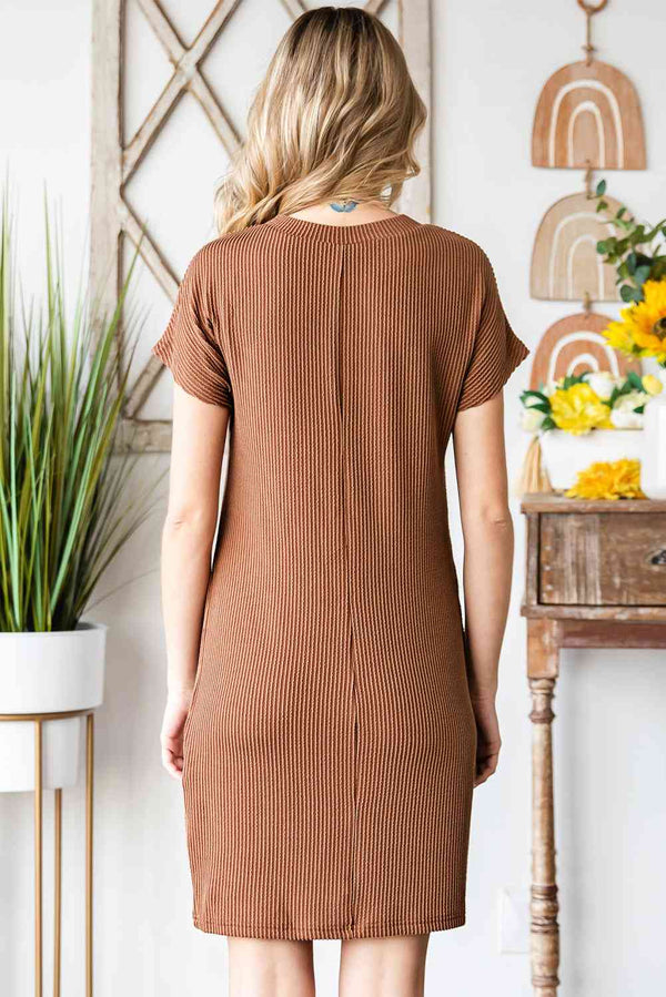 Ribbed Round Neck Short Sleeve Dress -BazaarBey - www.shopbazaarbey.com