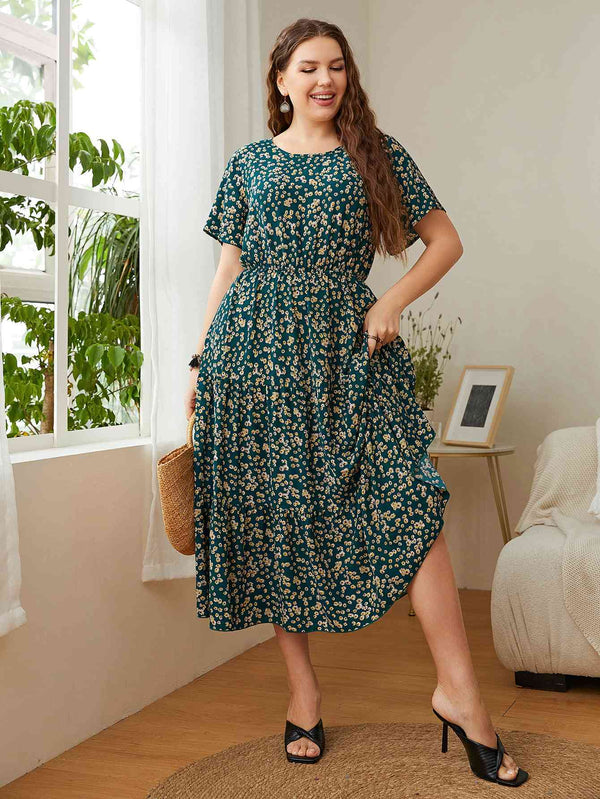 Plus Size Floral Round Neck Short Sleeve Midi Dress -BazaarBey - www.shopbazaarbey.com