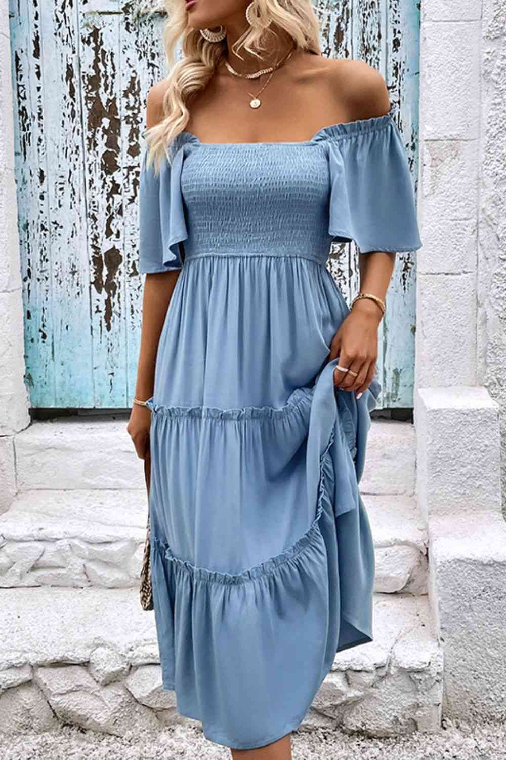 Smocked Square Neck Frill Trim Dress -BazaarBey - www.shopbazaarbey.com