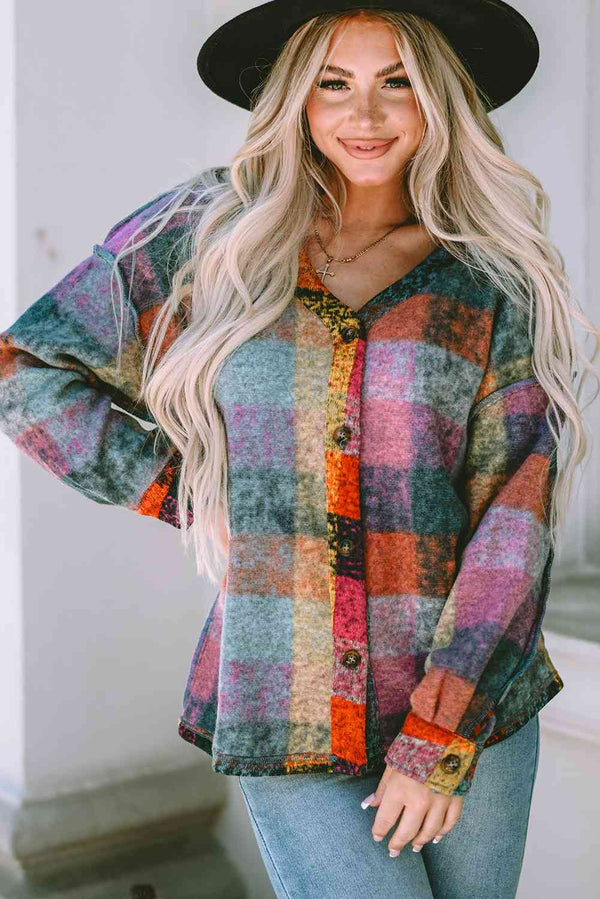 BazaarBey Plaid V-Neck Button Down Jacket Bazaarbey
