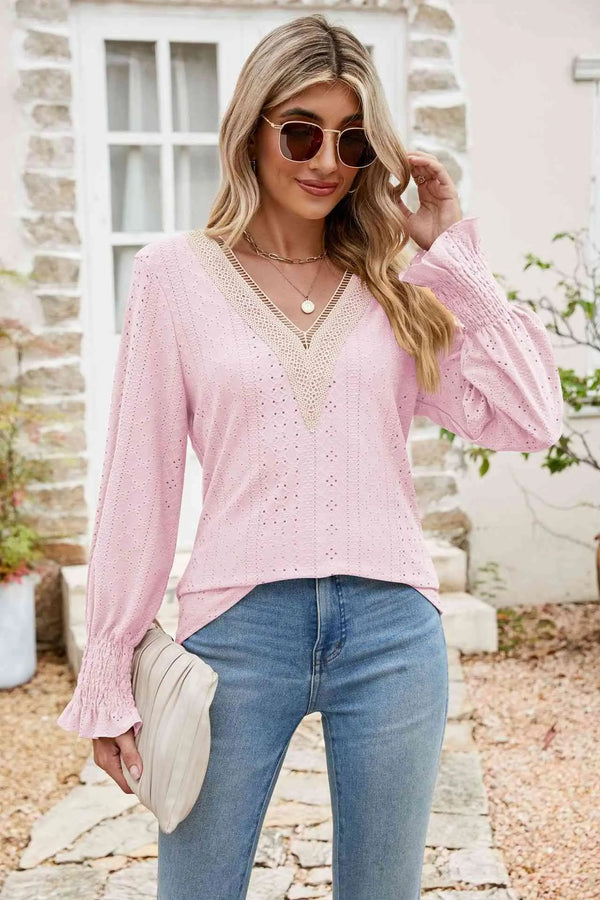 BazaarBey  V-Neck Smocked Flounce Sleeve Blouse Bazaarbey