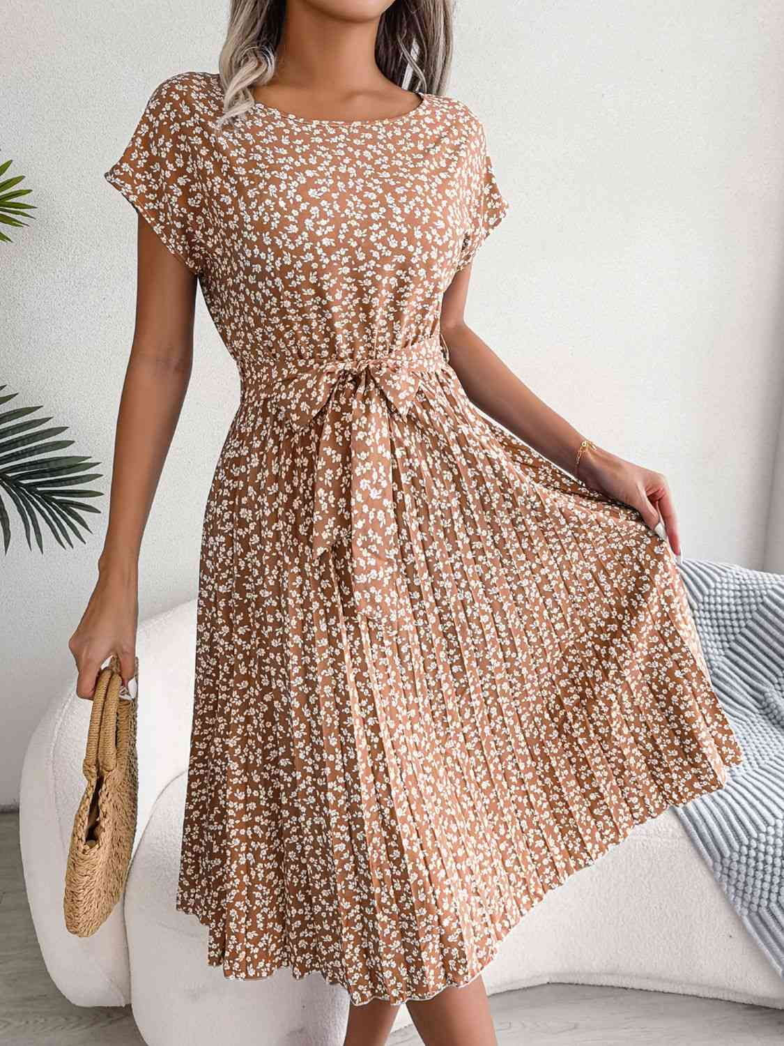  Floral Pleated Belted Dress -BazaarBey - www.shopbazaarbey.com