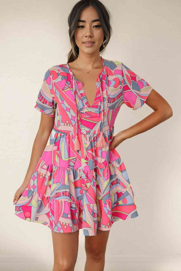 Multicolored Tie Neck Short Sleeve Tiered Dress -BazaarBey - www.shopbazaarbey.com