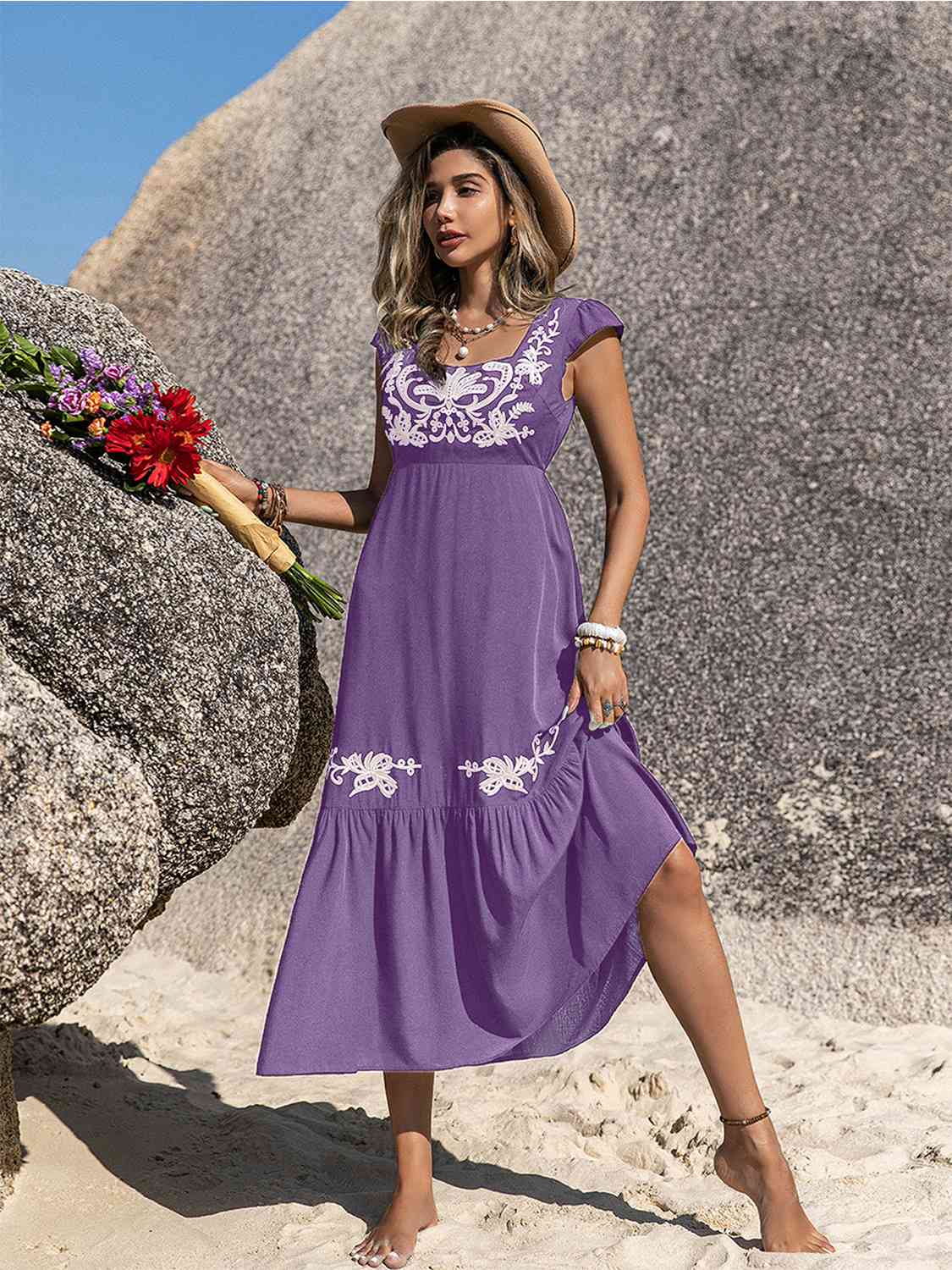 Embroidered Square Neck Ruffle Hem Dress -BazaarBey - www.shopbazaarbey.com