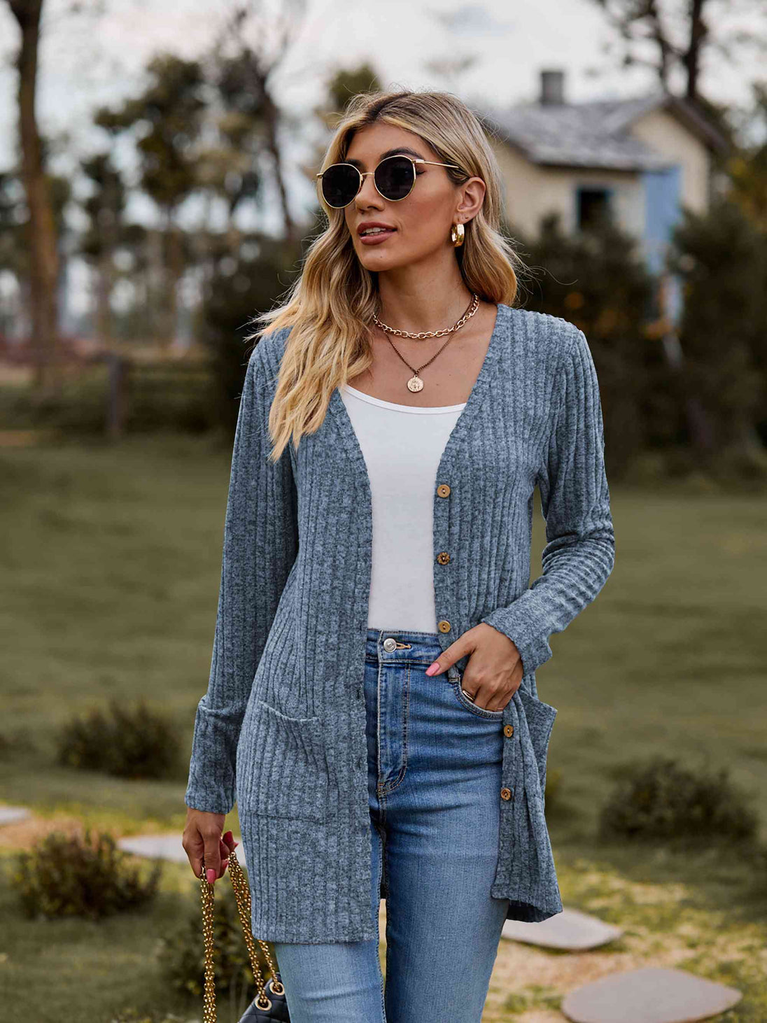 Ribbed Button-Up Cardigan with Pockets Trendsi