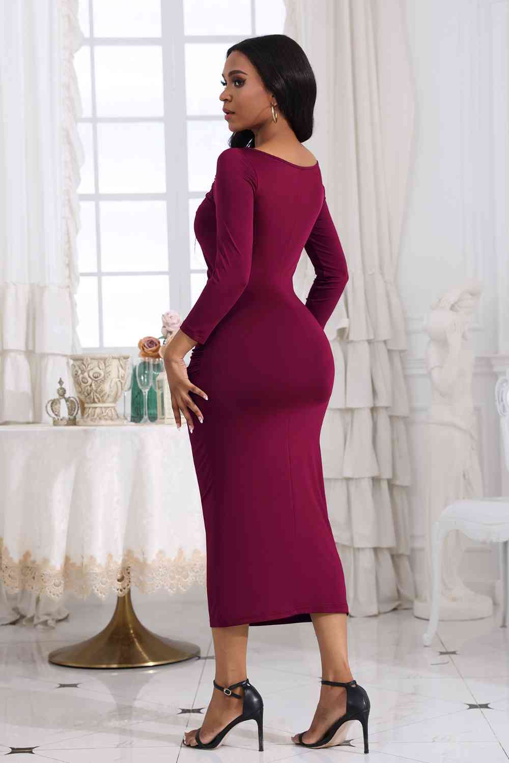Ruched Boat Neck Midi Dress Bazaarbey