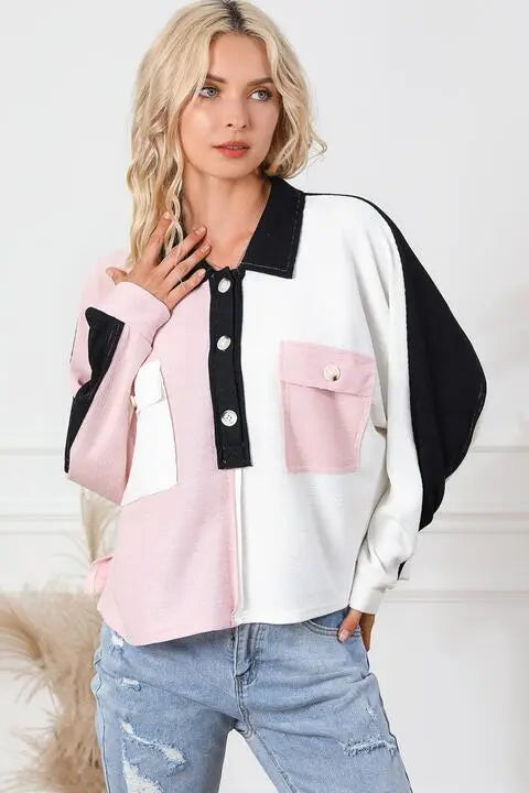 Multicolor Button-Down Long Sleeve Blouse Trendsi