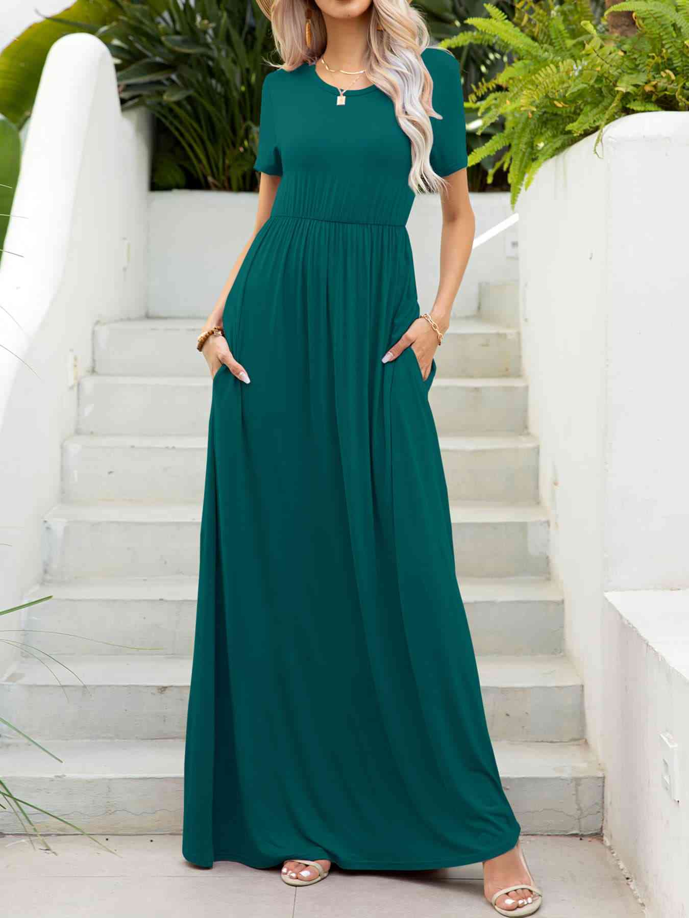 Round Neck Short Sleeve Maxi Dress with Pockets -BazaarBey - www.shopbazaarbey.com