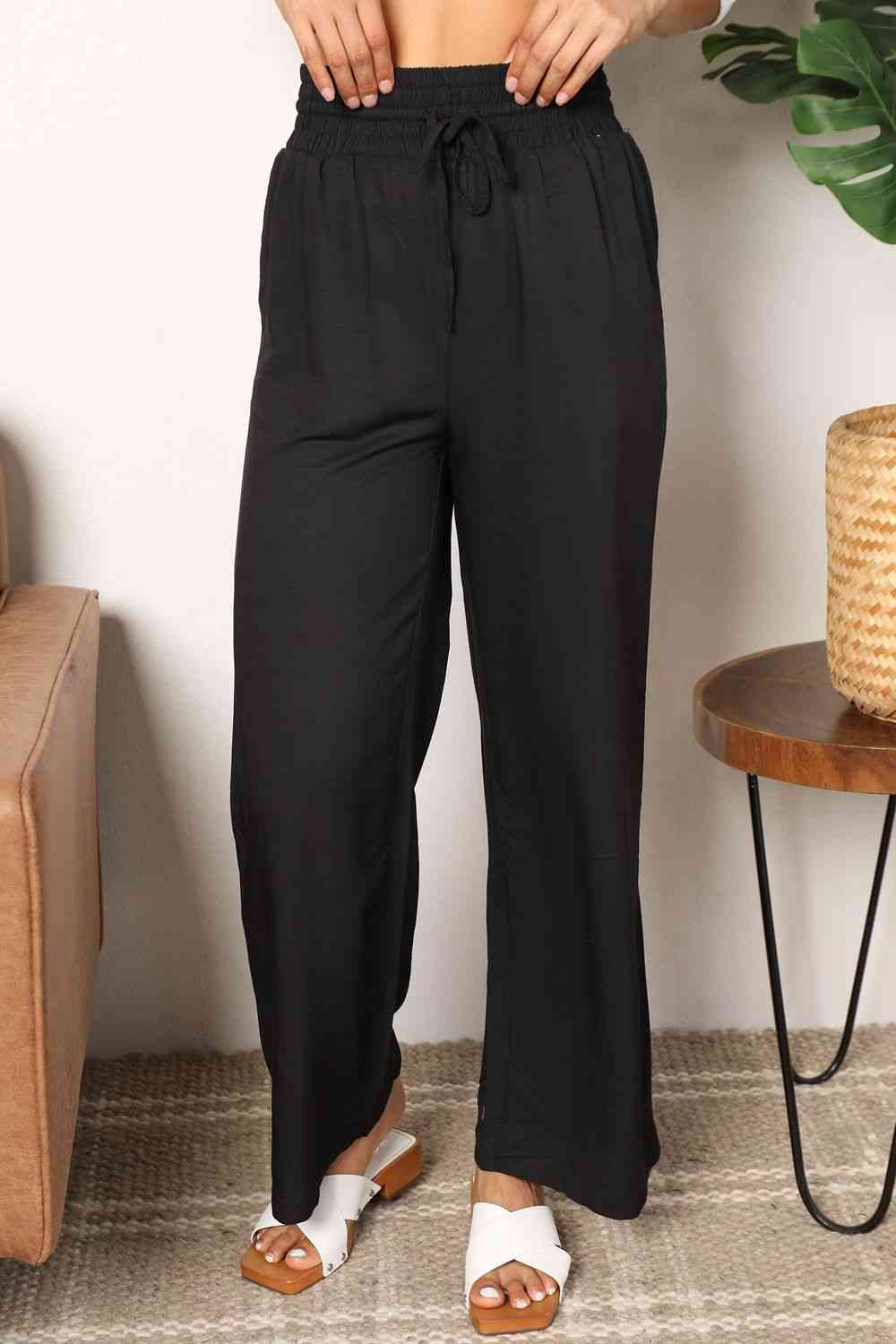  Drawstring Smocked Waist Wide Leg Pants Bazaarbey