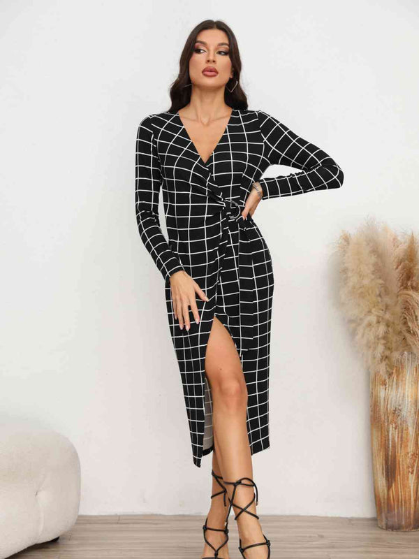 Plaid Long Sleeve Slit Dress -BazaarBey - www.shopbazaarbey.com