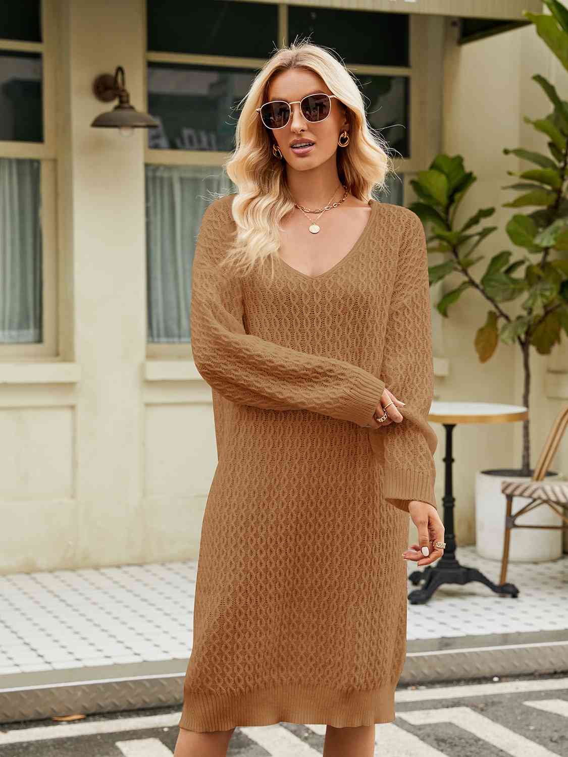 V-Neck Long Sleeve Sweater Dress Bazaarbey