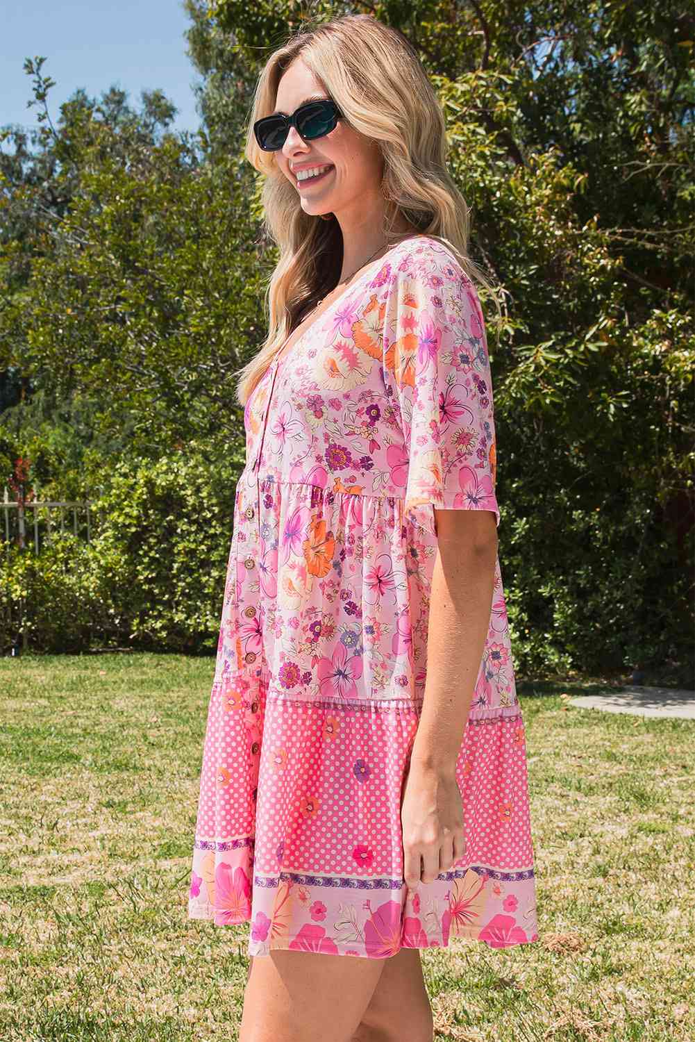 Floral  Buttoned Mini Dress -BazaarBey - www.shopbazaarbey.com