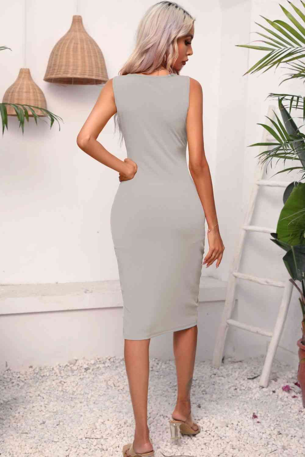 Drawstring Ruched Slit Sleeveless Dress -BazaarBey - www.shopbazaarbey.com