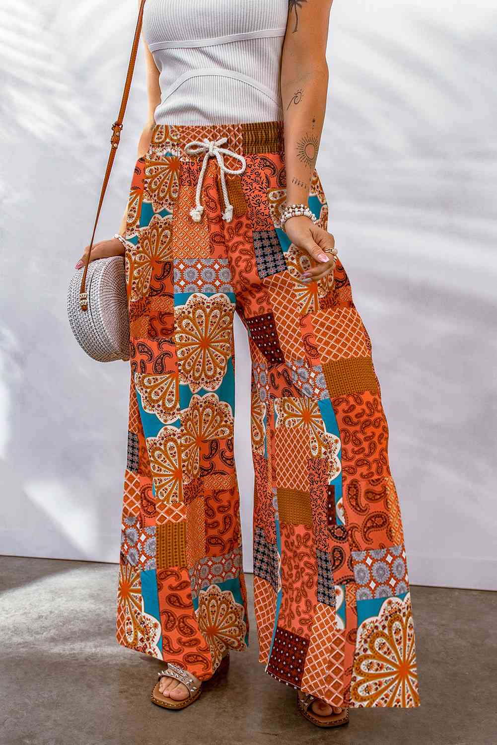 Bohemian Patchwork Drawstring Wide Leg Pants Bazaarbey