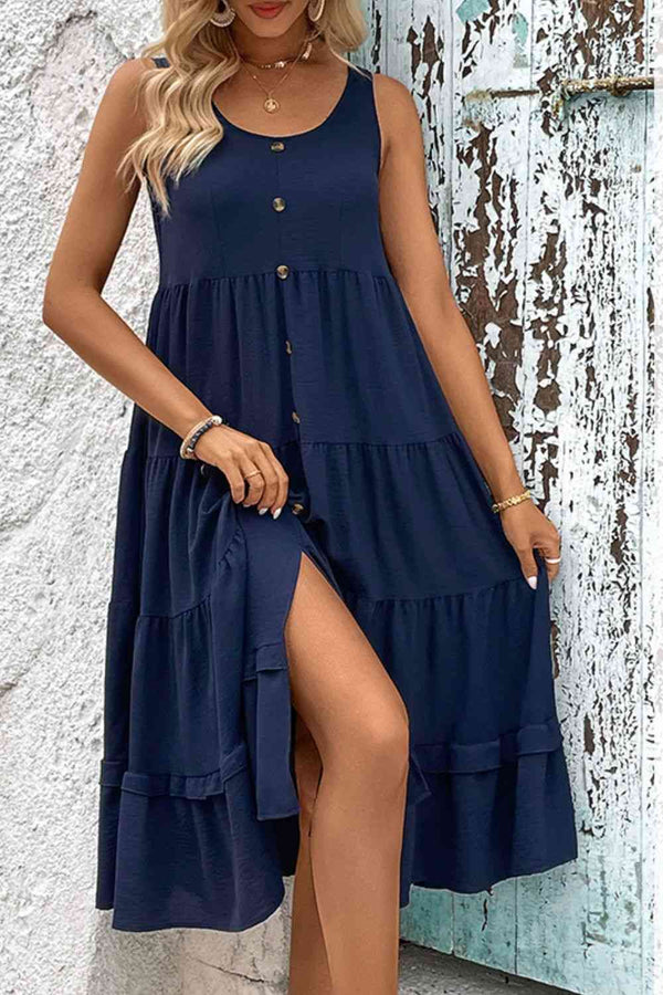 Decorative Button Scoop Neck Tiered Sleeveless Dress -BazaarBey - www.shopbazaarbey.com