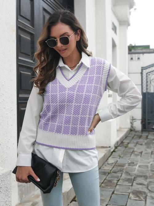Plaid V-Neck Sweater Vest Trendsi