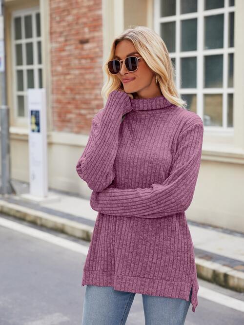 Ribbed Turtleneck Long Sleeve Slit Knit Top Bazaarbey